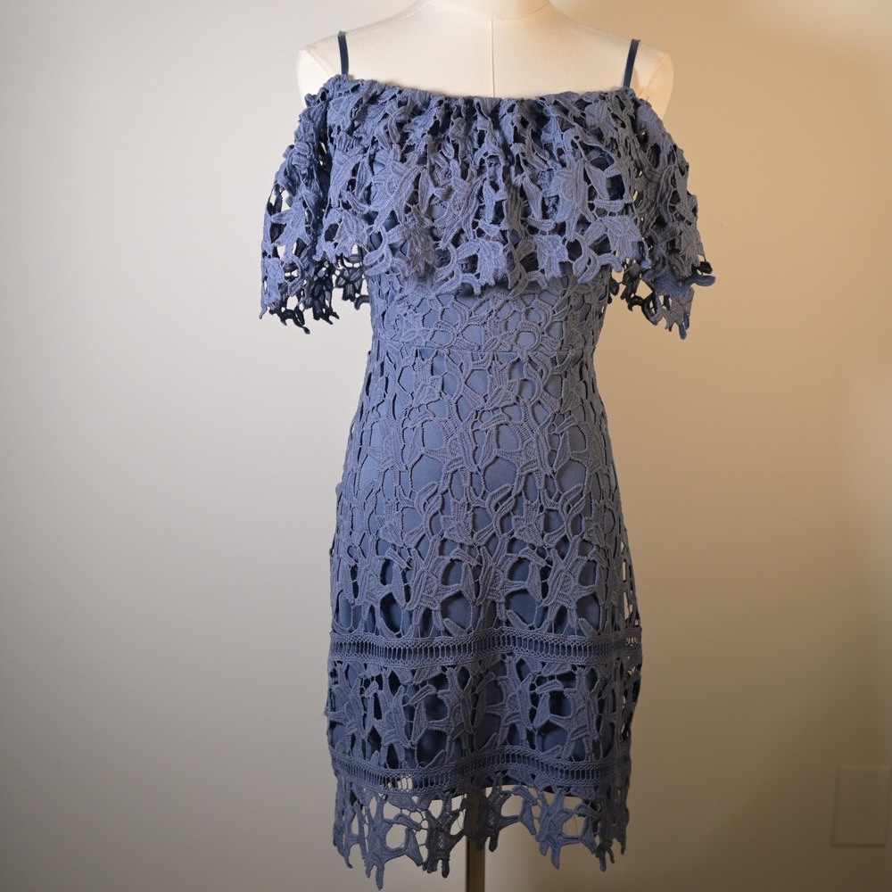 She + Sky Blue Lace Off The Shoulder Ruffle Cocktail Dress Small Feminine Brunch